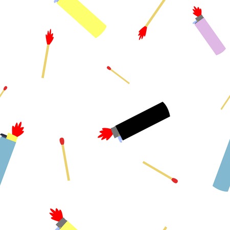 Colorfull seamless pettern of lighters and wooden matches cartoon style on white background vector illustrationのイラスト素材