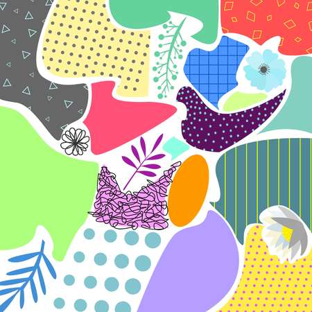 Colorfull abstract geometric background with floral elemens and textures memphis style cartoon...