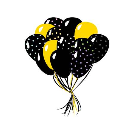 Black and yellow balloons with dots cartoon style vector illustration on white backgroundのイラスト素材