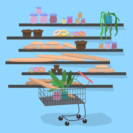 Trolley in the supermarket near the shelves with bread flat cartoon style on blue background vector illustrationのイラスト素材