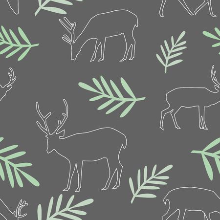 Seamless Pattern of Different Deer With Big Horns and Leaves on Dark Grey Background Vector Illustrationのイラスト素材