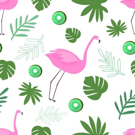 Seamless Pattern of Flamingo With Green Tropical Leaves and Kiwi Vector Illustrationのイラスト素材