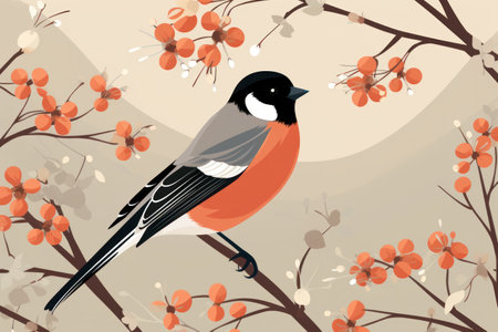 Bird Bullfinch sits on a rowan branchの素材