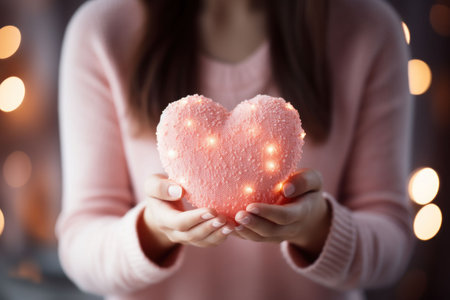 Glowing heart in female handsの素材