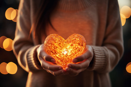 Glowing heart in female handsの素材