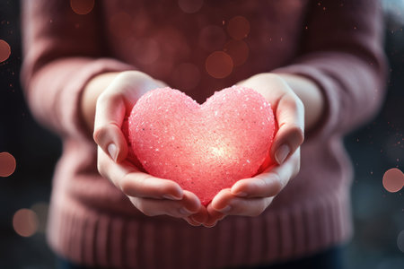 Glowing heart in female handsの素材