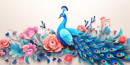 Colorful peacock sitting on a branch with beautiful bright flowers, banner illustrationの素材