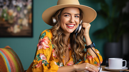 Beautiful young woman in headphones and with a microphone conducts a podcast, blogger communicates with her subscribers on social networksの素材