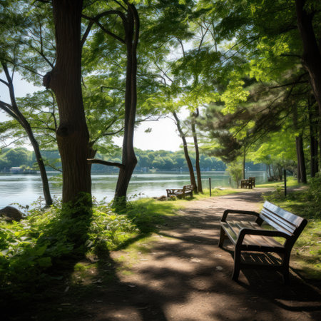 Urban green recreation area, park with benches and lake, shady paths along the river or lakeの素材