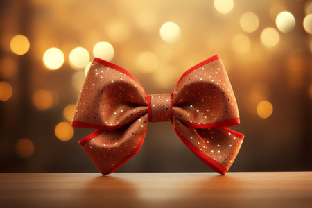 Christmas background, gold ribbon with a bow on a festive bright blurred backgroundの素材