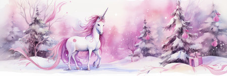 Magical winter forest with Unicorn, snow covered trees, watercolor illustration, bannerの素材