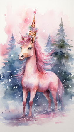 Magical winter forest with Unicorn, snow covered trees, watercolor illustrationの素材