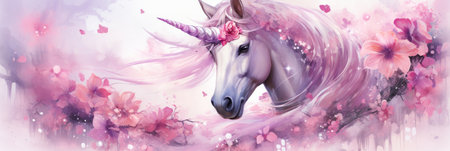 Magical forest with flowers and Unicorn in pastel colors, watercolor illustrationの素材