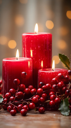 Christmas burning red candles surrounded by holly leaves and berriesの素材