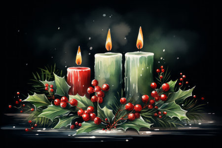 Christmas burning candles surrounded by holly leaves and various holiday trinkets on a black background, watercolor illustrationの素材
