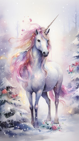 Magical winter forest with Unicorn, snow covered trees, watercolor illustrationの素材
