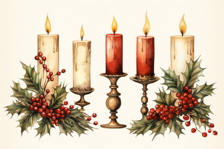 Christmas burning candles surrounded by holly leaves and various holiday trinkets, watercolor illustrationの素材