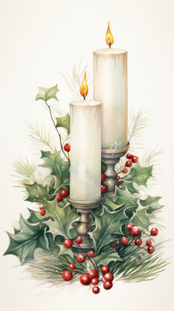 Christmas burning candles surrounded by holly leaves and various holiday trinkets, watercolor illustrationの素材
