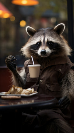 Cute funny raccoon in a suit close-upの素材