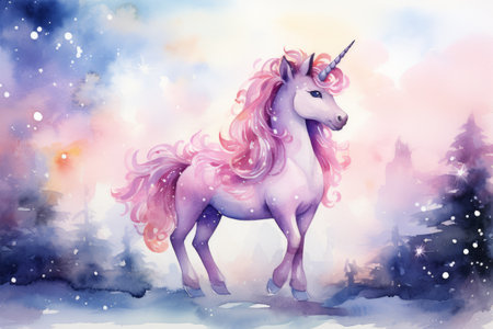 Magical winter forest with Unicorn, snow covered trees, watercolor illustrationの素材