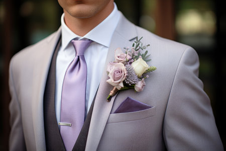 Groom in a fashionable modern suit with a boutonniere close-upの素材