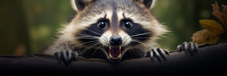 Cute funny prankster raccoon close-up, bannerの素材