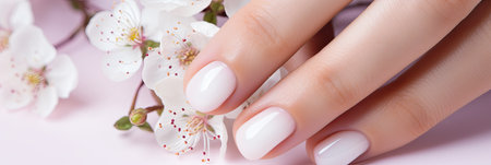 Beautiful well-groomed hands of the bride with modern manicure, nail design for the bride, bannerの素材