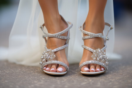 Beautiful well-groomed bride's feet close-up with pedicure, bride's nail designの素材