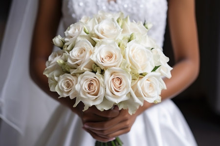 Beautiful fresh bouquet of flowers in the hands of the bride close-upの素材