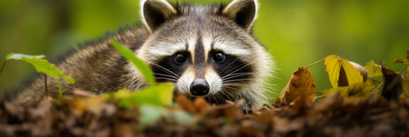 Cute funny prankster raccoon close-up, bannerの素材