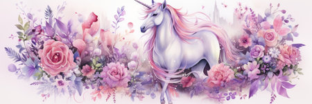 Magical forest with flowers and Unicorn in pastel colors, watercolor illustrationの素材