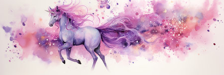 Magical forest with flowers and Unicorn in pastel colors, watercolor illustrationの素材