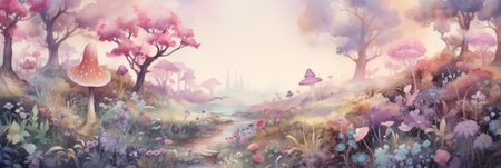 Mystical mysterious fairy tale forest, watercolor illustration, bannerの素材
