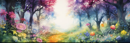 Mystical mysterious fairy tale forest, watercolor illustration, bannerの素材