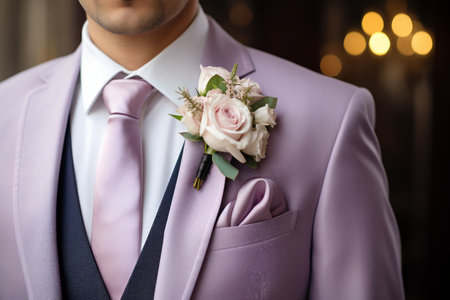 Groom in a fashionable modern suit with a boutonniere close-upの素材
