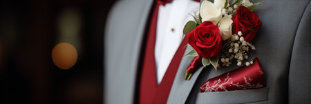 Groom in a fashionable modern suit with a boutonniere close-up, bannerの素材