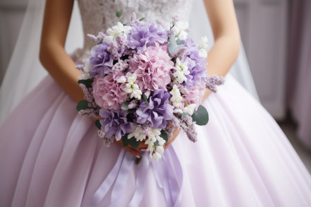 Beautiful fresh bouquet of flowers in the hands of the bride close-upの素材