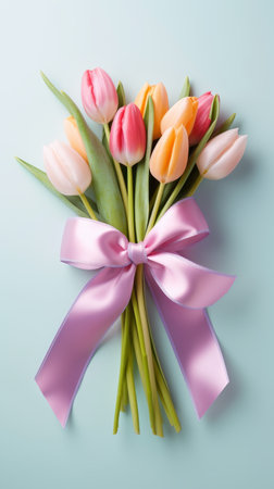 A beautiful bouquet of tulips tied with a satin ribbon, the concept of spring and women's holiday March 8, birthdayの素材