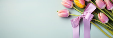 A beautiful bouquet of tulips tied with a satin ribbon, the concept of spring and women's holiday March 8, birthday, bannerの素材