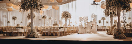 Beautiful wedding banquet hall decorated with flowers and decorations, empty wedding hall, bannerの素材