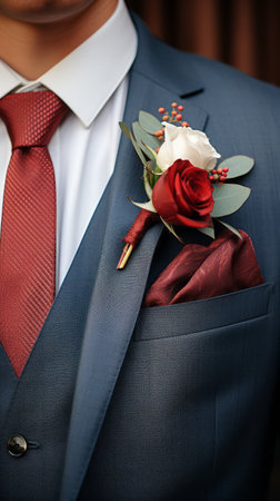 Groom in a fashionable modern suit with a boutonniere close-upの素材