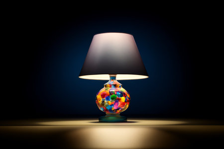 Bright table lamp with a colored lampshade on a dark backgroundの素材