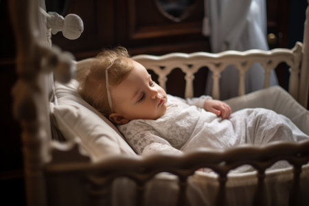 Baby 2-3 months in a crib, baby falls asleep in a cribの素材
