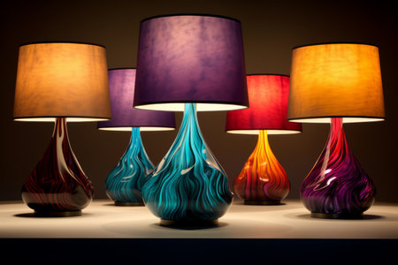 Bright burning table lamps with a colored lampshade on a dark backgroundの素材