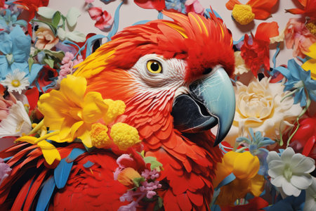 Abstract collage with various colorful flowers and a parrot, bright juicy art photoの素材
