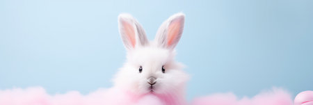 Cute fluffy funny Easter bunny on a pink background, Happy Easter, bannerの素材