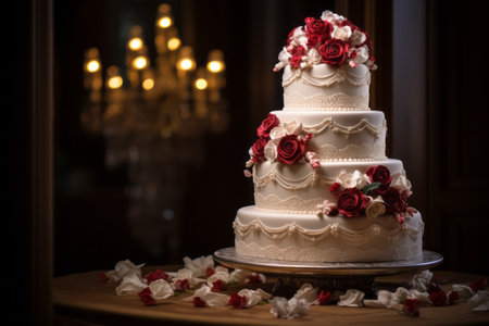Beautiful wedding cake on the table in the banquet hallの素材