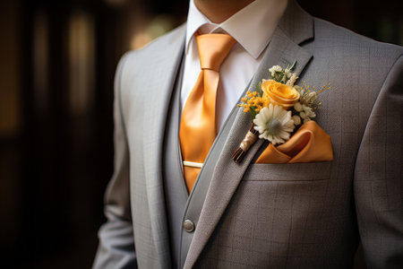 Groom in a fashionable modern suit with a boutonniere close-upの素材