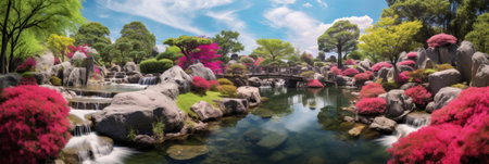 Bright blooming Japanese flower garden, waterfall among rocks and flowers, bannerの素材