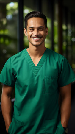 Young smiling doctor or nurse in green uniform close-up, portrait of a smiling doctor in clinic looking at cameraの素材